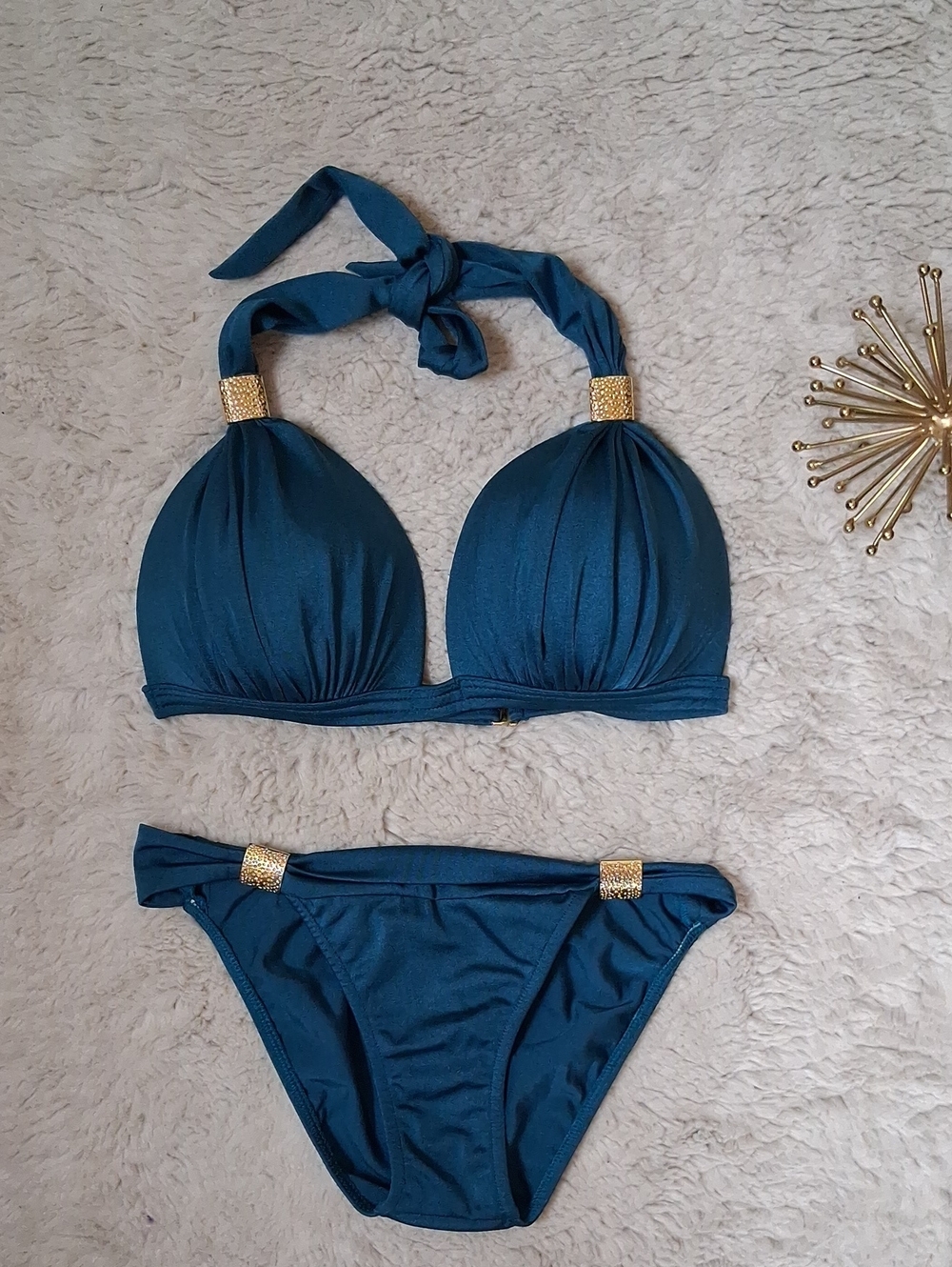 Venus Teal Blue And Gold Goddess Enhancer PushUp Bikini Set Top DD- Bottom Small - Picture 8 of 16
